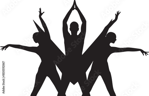 Silhouette of three dancers in dynamic poses, symbolizing unity and performance art