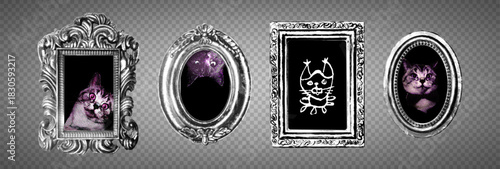Collection of halftone Ornate Framed Cat Portraits and Doodle Quirky Art. Elegant Vintage Ornate Picture Frames  in style y2k