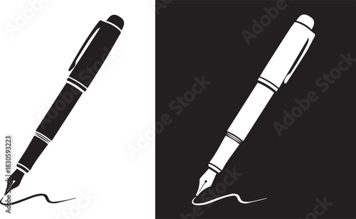 Classic fountain pen illustration set in black and white. An icon for writing, calligraphy, or signing a signature