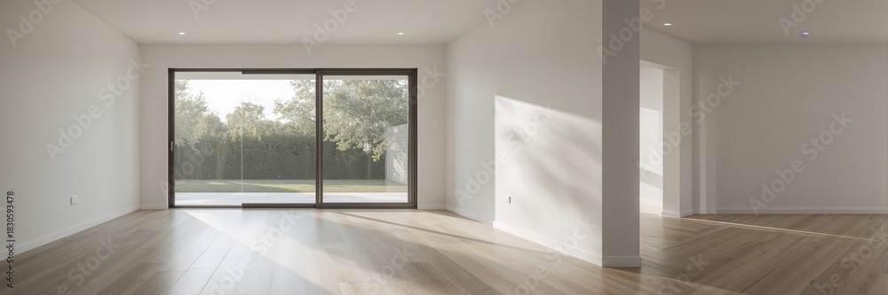 Fototapeta premium Minimalist interior of an empty room with white wall, sliding door, and glass windows overlooking a garden, suitable for layout design