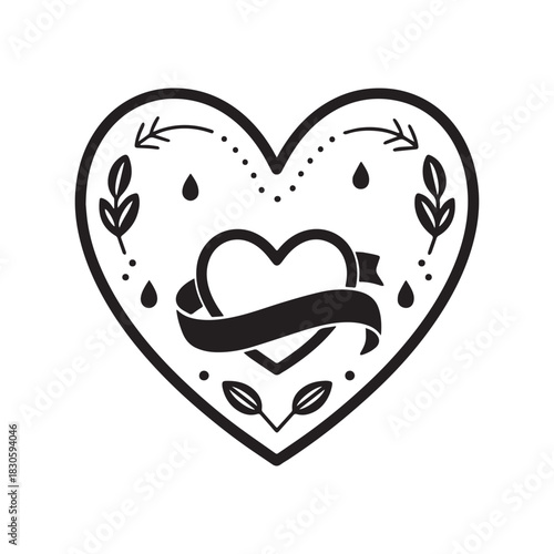  Stylized Heart and Botanical Accents Romantic Love or Wellness Emblem.
