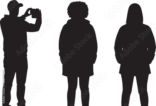 Silhouette vector illustration of a group of three people, one man taking a picture with a phone