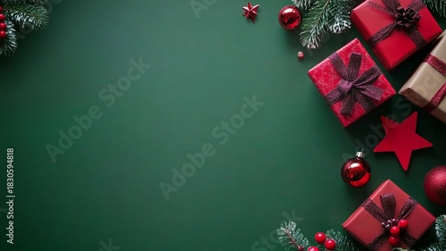 Green Christmas Background with Red Gift Boxes, Baubles, Star and Pine Branches for Holiday Card Banner Poster Design