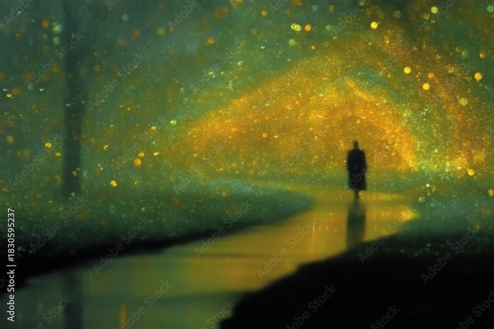 Fototapeta premium A person walking along a bright path through darkness, symbolizing hope and passage beyond life, ideal for emotional and reflective projects.