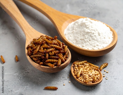 Edible insect ingredients and cooking concept featuring mealworms and flour