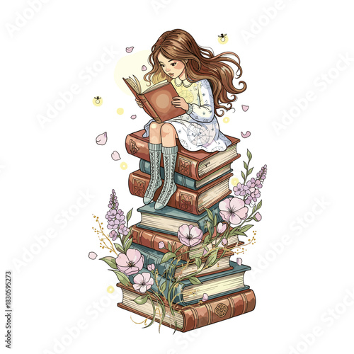 Girl reading on book stack with flowers & fireflies