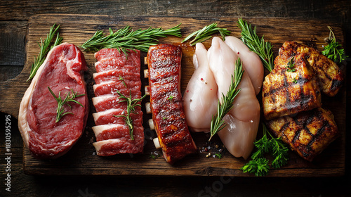 Raw Meat BBQ Preparation: Steak, Chicken, and Ribs on Rustic Wooden Surface for Grilling and Cooking