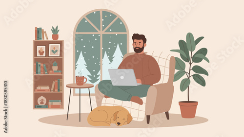 A cozy illustration of a man working on his laptop in an armchair with his dog, looking out at a snowy winter landscape.