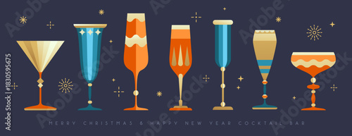 Set of holiday Christmas and New Year cocktails and champagne glasses isolated on dark background. Vector illustration