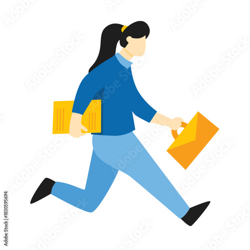 Woman walking holding document icon