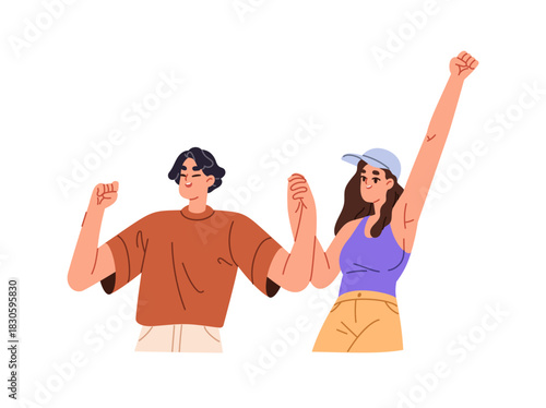 Happy romantic couple holding and hands up together. People rejoice at success and celebrate winning. Young man and woman cheer for victory. Flat isolated vector illustration on white background