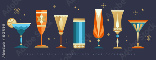 Set of holiday Christmas and New Year cocktails and champagne glasses isolated on dark background. Vector illustration