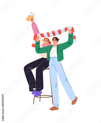 Happy fans root for their team in sports bar. Young man and woman celebrate success together. Friends rejoice at winning, cheer and hands up. Flat isolated vector illustration on white background
