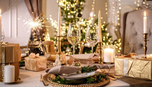 Festive Christmas and New Year's Eve elegant dinner table setting with champagne, lit candles, wrapped gifts, and a sparkling Christmas tree.