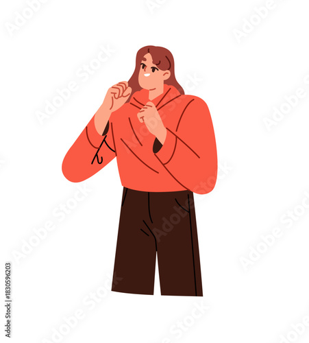 Happy girl hopes, supports team, grabs fists. Excited young woman rejoices, celebrates winning. Fan smiles, hands gesture for joy and success. Flat isolated vector illustration on white background