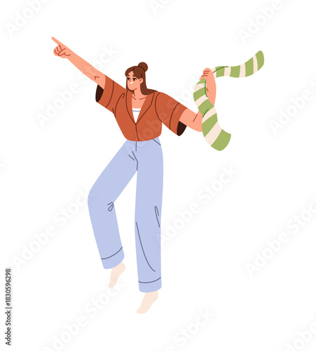 Fan with scarf roots for team supports and celebrates its winning. Happy girl rejoices at success, hands up. Joyful young woman has fun, cheers and triumph. Flat isolated vector illustration on white