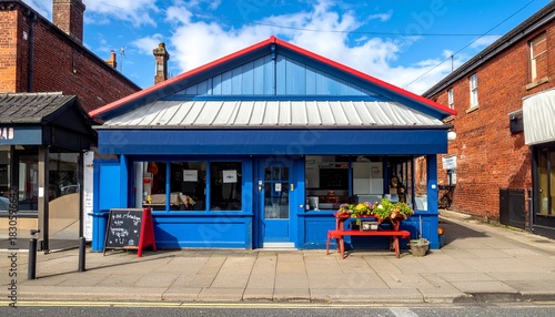 Fototapeta Naklejka Na Ścianę i Meble -  Small blue shop front on sunny street.