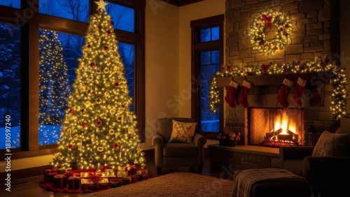 Wallpaper Mural Christmas Glow Cozy Fireplace and Lit Tree at Night. Torontodigital.ca