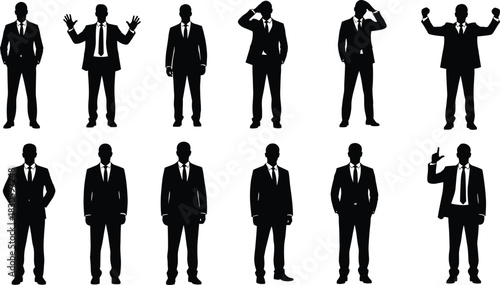 Collection of businessman silhouette poses expressing various gestures, professional attitude, communication, confidence, leadership, motivation, workplace concepts, and corporate character design.
