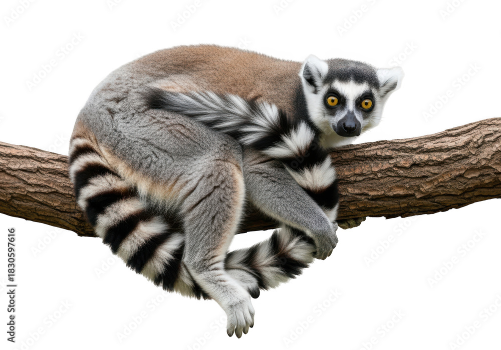 Obraz premium Ring-tailed lemur primate mammal madagascar wildlife animal sitting on branch photography isolated on transparent background