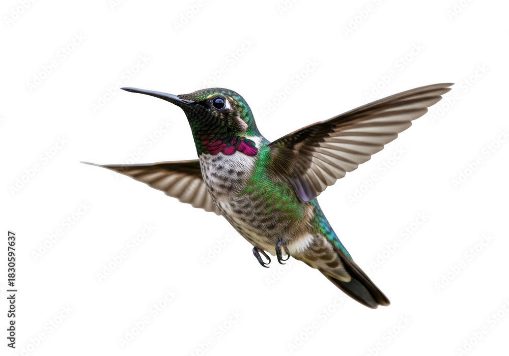 Fototapeta premium Flying hummingbird with vibrant plumage, ruby throat, and extended wings - stock photo image for design projects isolated on transparent background