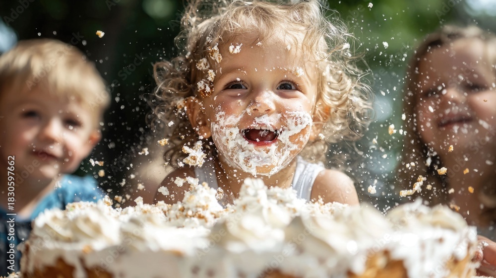 Obraz premium Joyful children laughing and smashing their birthday cake with excitement and pure delight during a first birthday party