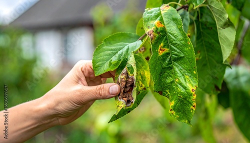 Close-up of hand holding a diseased leaf. Leaves show yellowing and brown spots, indicative of an illness