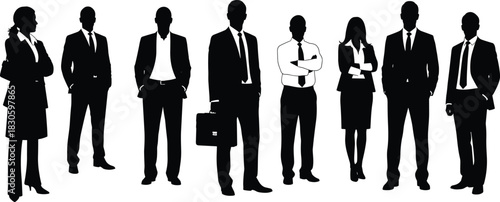 Professional business team standing in formal attire, diverse corporate silhouettes representing leadership, teamwork, office professionalism, success, confidence, modern workplace collaboration