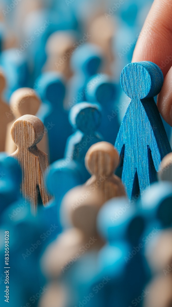 Fototapeta premium Hand selecting a blue wooden figure from a crowd of smaller figures symbolizes leadership and decision-making amidst a diverse group, ideal for business concepts and teamwork themes.
