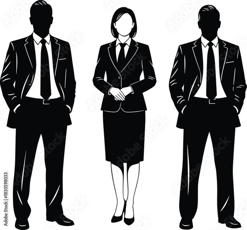 Silhouette business team standing together in formal corporate attire, representing leadership, professionalism, teamwork, unity, office staff, and executive collaboration
