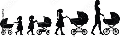 Silhouette evolution of girl growing into woman pushing baby stroller, depicting motherhood stages, childhood development, family growth, parenting journey concept