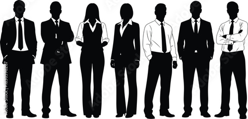Silhouette group of diverse business professionals standing confidently in formal attire, teamwork leadership corporate concept, successful team unity illustration vector