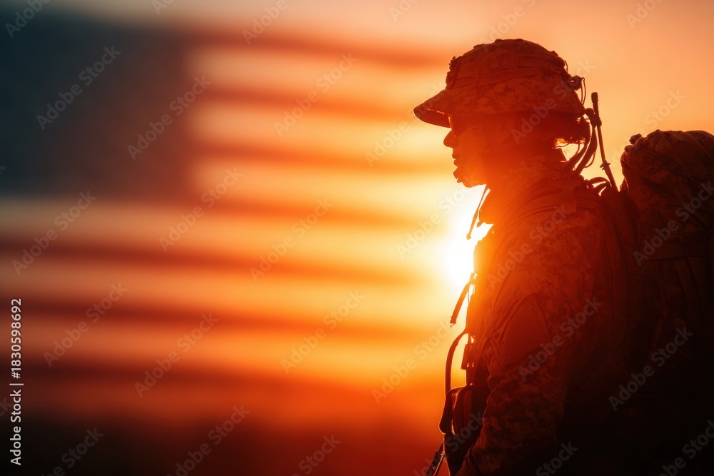 Obraz premium A soldier stands in front of a flag with the sun setting behind him
