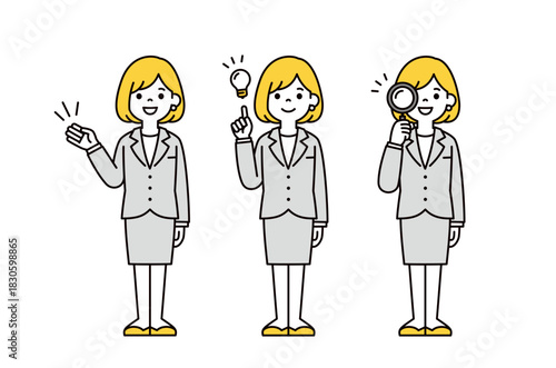 案内する・閃く・調べる、若いビジネスウーマン・OLのシンプルな全身ベクターイラスト素材セット