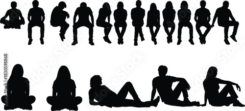Silhouette group of people sitting in various relaxed poses indoors and outdoors, diverse casual human figures resting, meditation positions collection