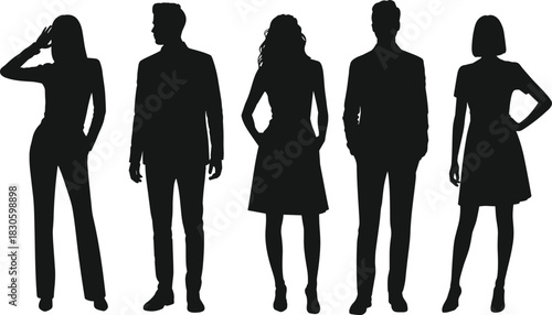 Silhouette group of stylish men and women standing in modern fashion poses, elegant clothing illustration, professional lifestyle concept for commercial design.