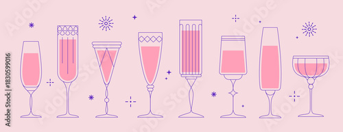 Set of line art retro cocktails or champagne glasses. Holiday cocktail party. Vector illustration