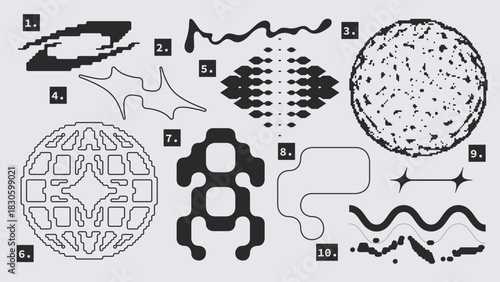 Vector Graphic Assets Set. Shapes in Y2k style, Futuristic, Brutalist, Anti-design