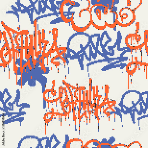 Vector Seamless pixel graffiti pattern with abstract tags, dithered texture. Urban, grunge, playful pixel art style perfect for backgrounds, textiles