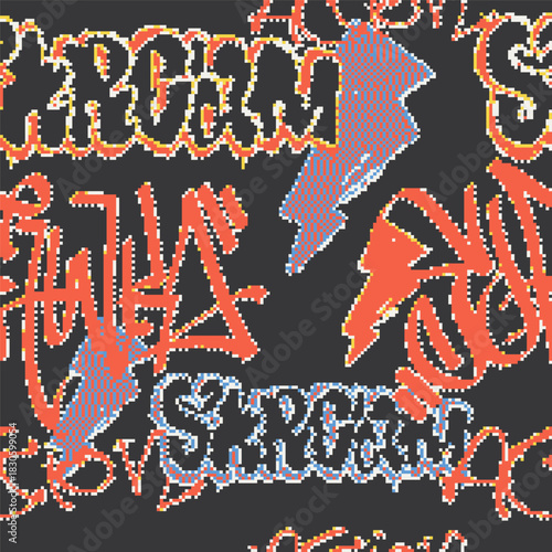 Vector Seamless pixel graffiti pattern with abstract tags, dithered texture. Urban, grunge, playful pixel art style perfect for backgrounds, textiles