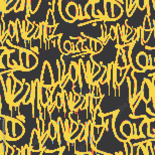 Vector Seamless pixel graffiti pattern with abstract tags, dithered texture. Urban, grunge, playful pixel art style perfect for backgrounds, textiles