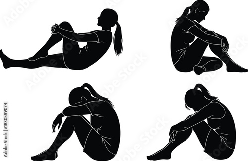 Silhouette illustration of a woman sitting in multiple emotional poses expressing sadness, stress, anxiety, loneliness, depression, contemplation, mental health issues.