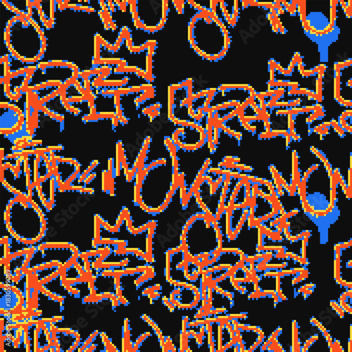 Vector Seamless pixel graffiti pattern with abstract tags, dithered texture. Urban, grunge, playful pixel art style perfect for backgrounds, textiles