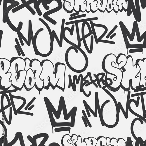 Bold vector graffiti seamless pattern with abstract tags