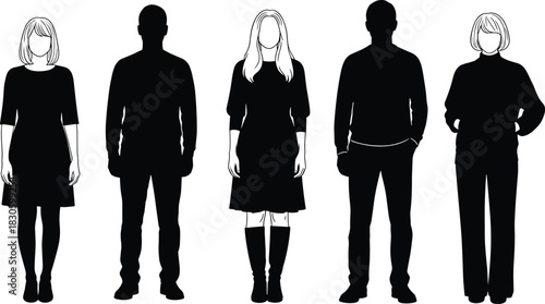 Silhouette illustration of diverse standing people in casual and formal clothing, modern group concept, minimal outline style, contemporary character design