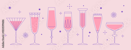Set of line art retro cocktails or champagne glasses. Holiday cocktail party. Vector illustration