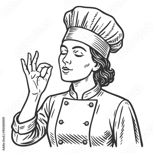 Bellissimo gesture female chef making the delicious hand gesture, cooking and food themes sketch engraving generative ai fictional character vector illustration. Scratch board. Black and white.