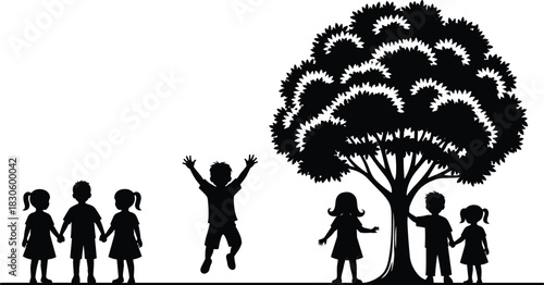 Silhouette of happy children playing outdoors under a large tree, holding hands, jumping, exploring nature, symbolizing childhood unity and freedom.