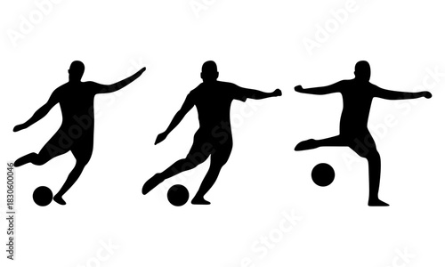 Football Player Silhouette Set. Kicking, Dribbling, Shooting Vector Pack. Perfect for any football-themed project needing bold and energetic visuals.	