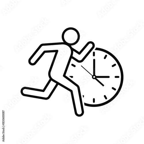 Simple black and white line art icon depicting a stick figure running quickly next to a clock face, symbolizing time management or deadline pressure